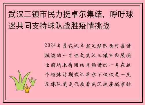 武汉三镇市民力挺卓尔集结，呼吁球迷共同支持球队战胜疫情挑战