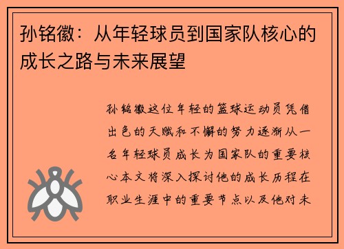 孙铭徽：从年轻球员到国家队核心的成长之路与未来展望